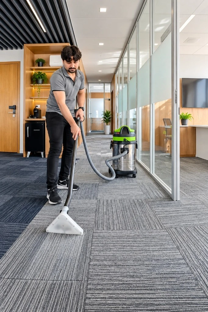 Técnico profissional da New Clean executando extração profunda em carpete corporativo