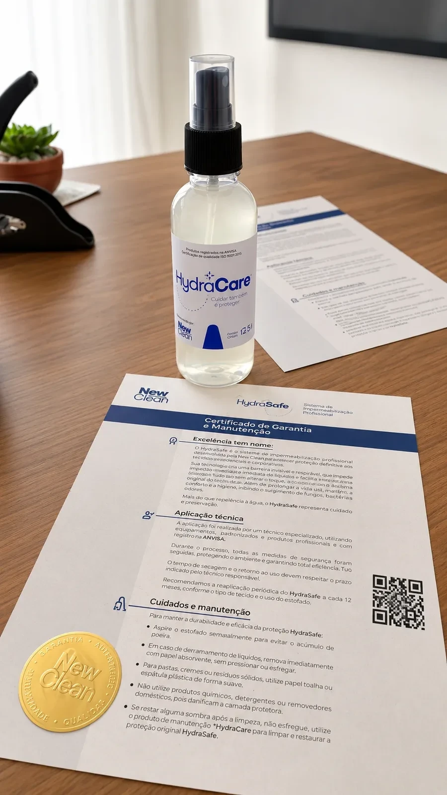 Certificado oficial de garantia e manutenção HydraSafe New Clean